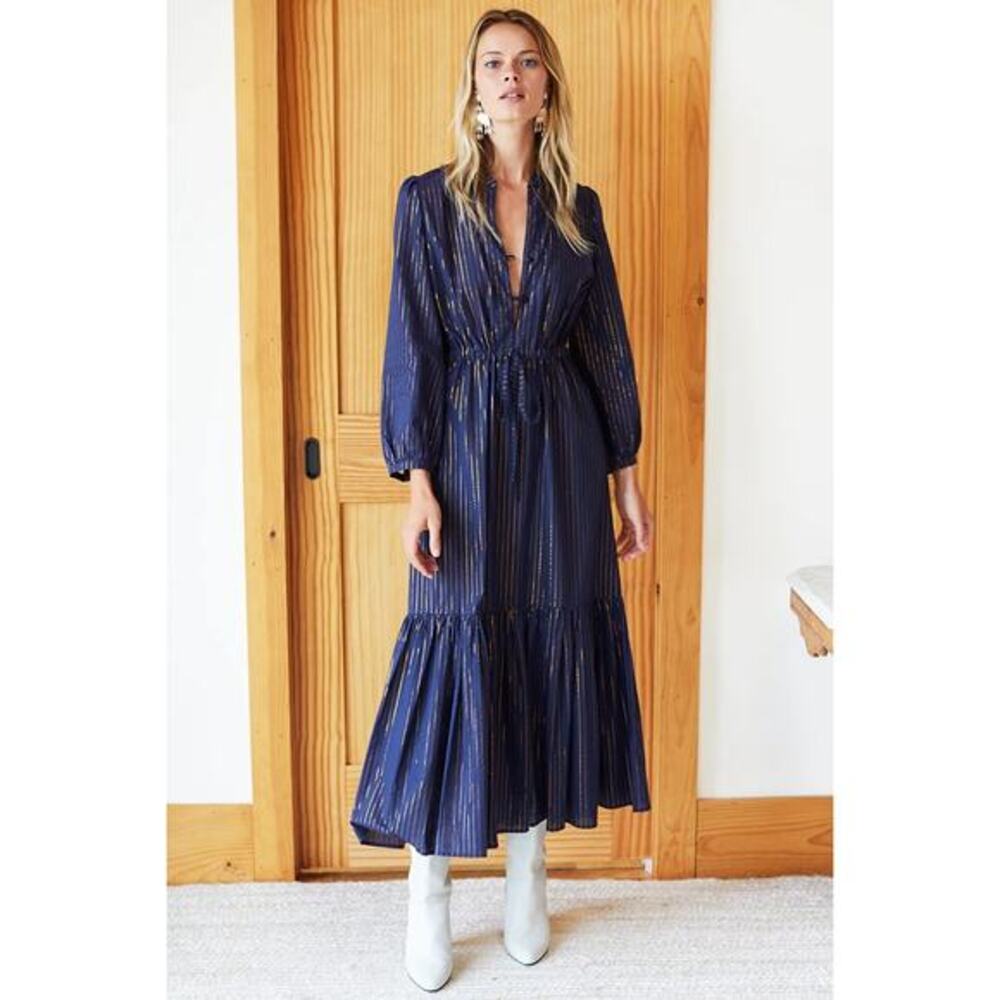 Emerson Frye Womens Frances Maxi Dress 2 Size XS Navy Gold‎ Maritime Lurex India